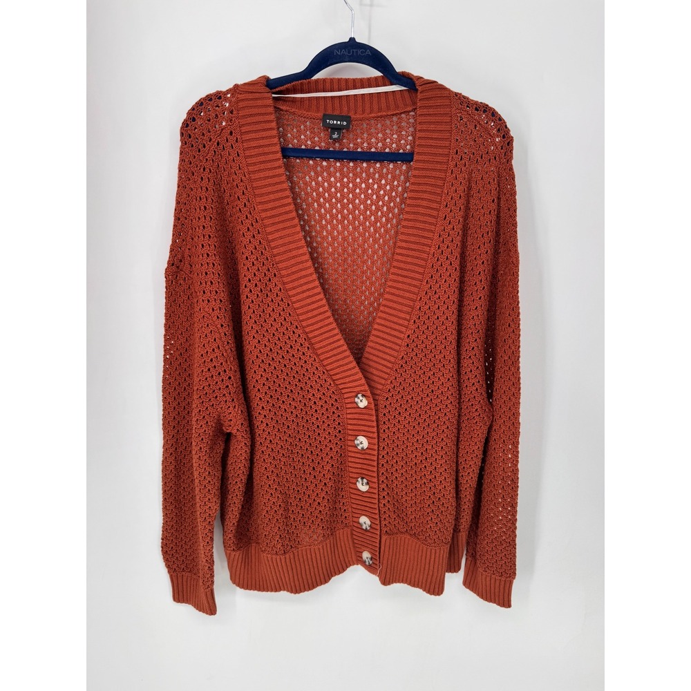 Torrid Cardigan Women 2 Rust EUC Open Knit Button Front Cotton V-Neck Sweater